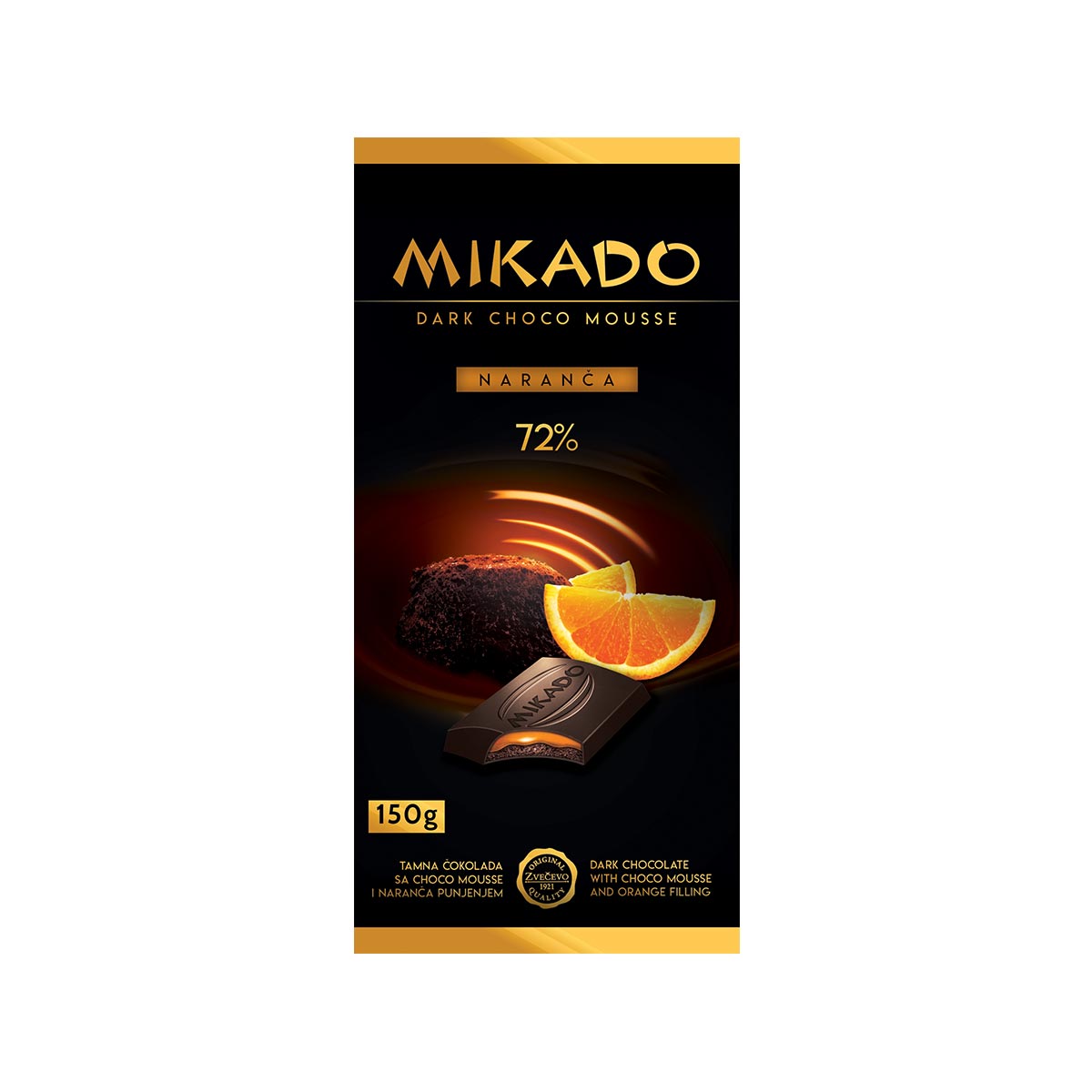 Mikado pure chocolade met chocolademousse en sinaasappelzvečevo (NARANČA)